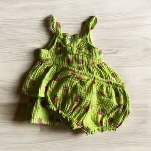 Green Strawberry Baby Dress and Bloomers Set